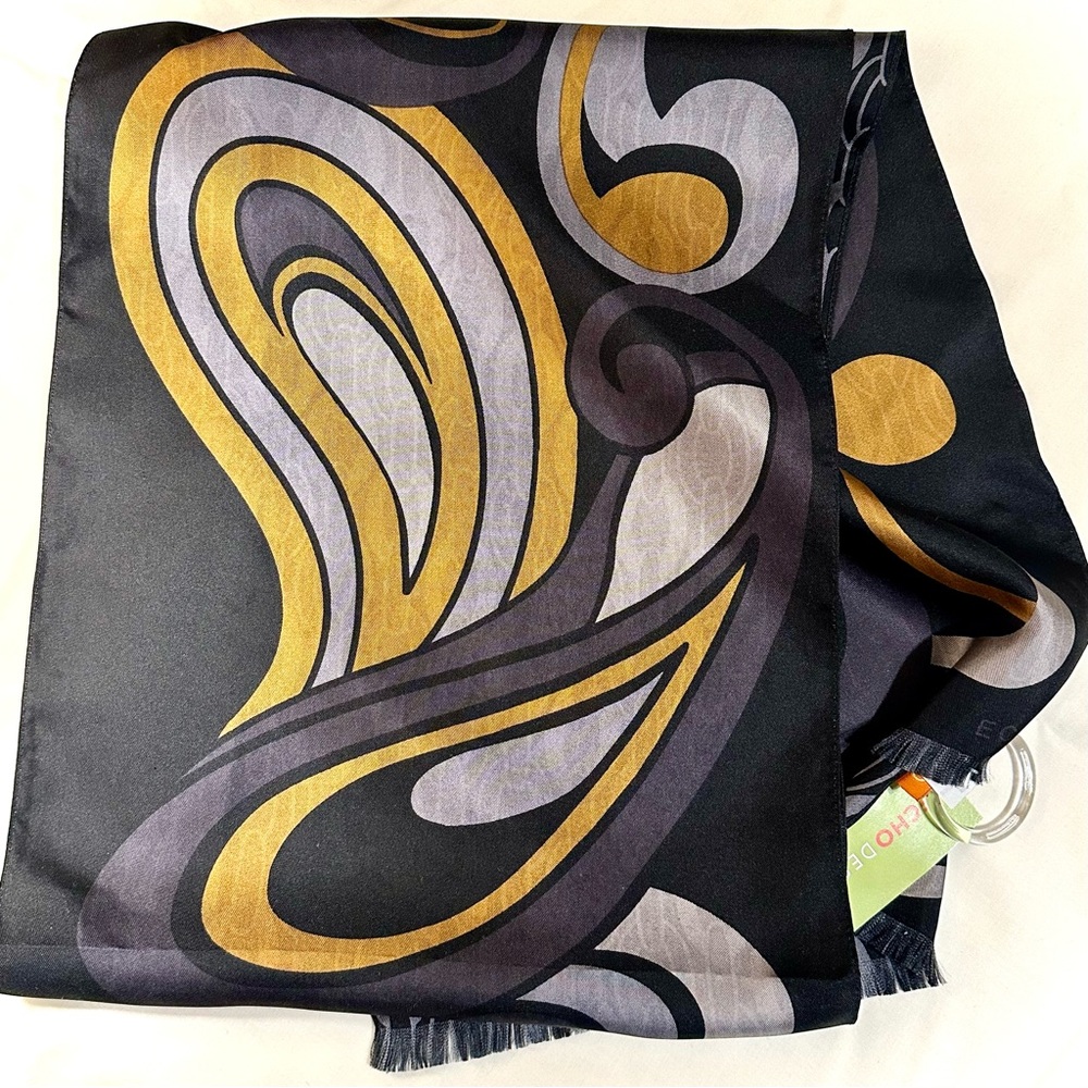 ECHO 100% SILK OBLONG SCARF—NEW With Tags—Double Print Shades of Charcoal Gray - Picture 4 of 9